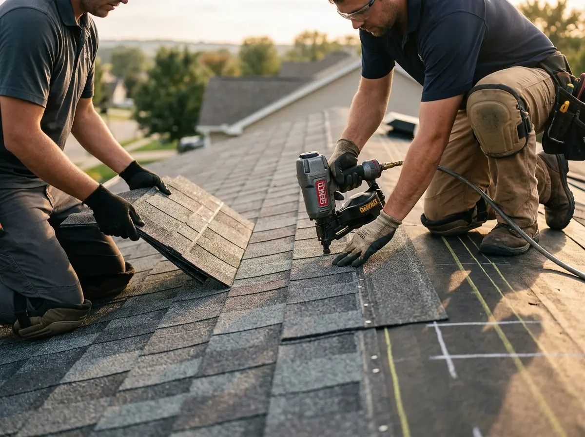 Professional roofer working on a residential roof in Fraser